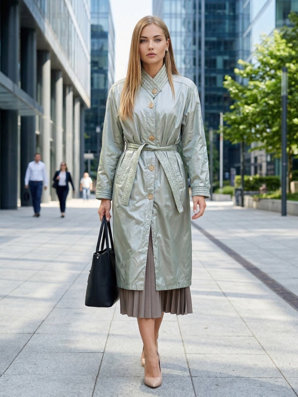 🌻VINTAGE J. Gallery Light Green Metallic Water Repellant Trench Jacket Size 9/10